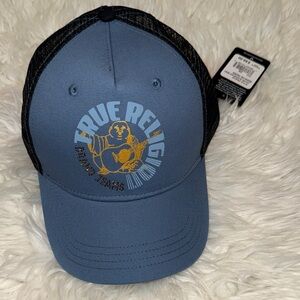 NWT True Religion Blue and Black Logo Trucker Hat